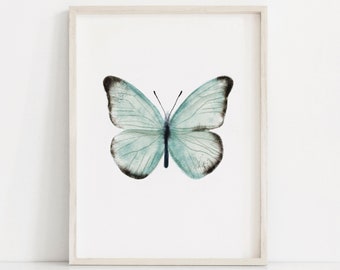Blue Teal Butterfly Print, Printable Art, Watercolor Painting, Boho Print, Nature Print, Modern Painting, Large wall art, Modern wall decor
