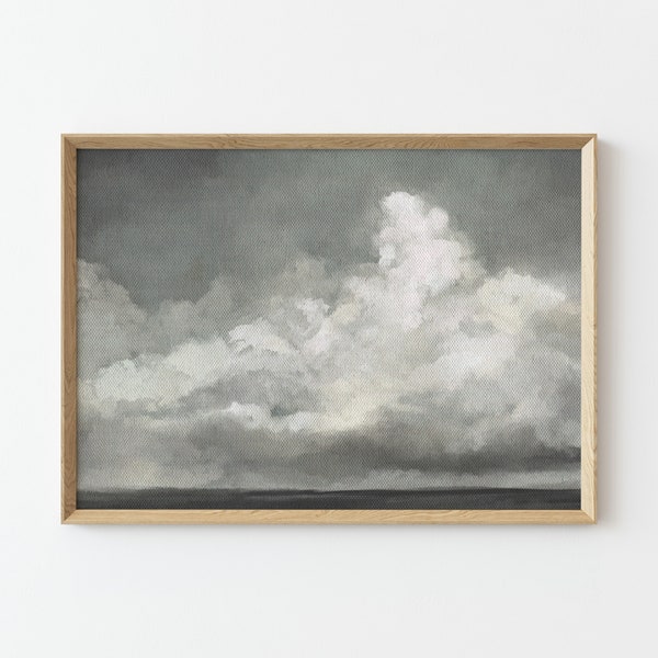 Impression de nuage gris, impression de paysage de ciel orageux, art mural imprimable, impression de paysage vintage, art mural neutre, peinture à l'huile de nuage gris