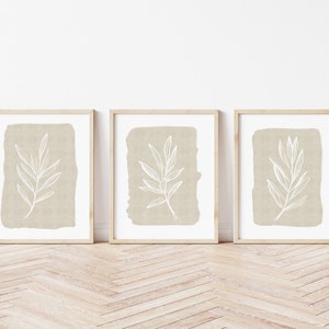 Set of 3 prints, Gallery wall art, printable wall art, Botanical leaf line drawing, neutral wall decor, modern beige print, large wall decor