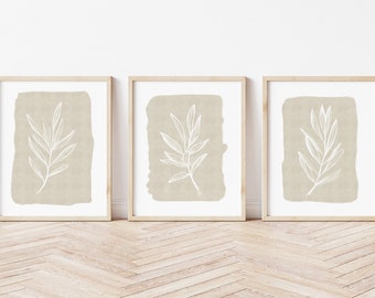 Set of 3 prints, Gallery wall art, printable wall art, Botanical leaf line drawing, neutral wall decor, modern beige print, large wall decor