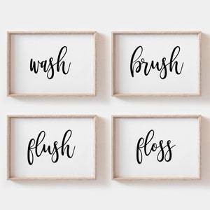 Set of four Bathroom Prints, Wash Brush Floss Flush, Bathroom printable, Bathroom Sign, Bathroom Art Print, Washroom Wall Art,Bathroom Decor