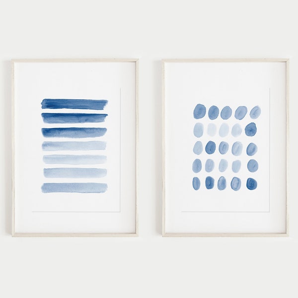 Set of 2 Abstract Prints, Indigo Watercolor Wall Art, Modern Minimalist Painting, Navy Blue Brush Stroke, Printable Digital Download