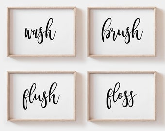 Set of four Bathroom Prints, Wash Brush Floss Flush, Bathroom printable, Bathroom Sign, Bathroom Art Print, Washroom Wall Art,Bathroom Decor