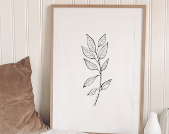 Minimalist Botanical print, Minimal wall art, Ink leaf drawings, Plant wall prints, Minimalist prints, Black and white, Botanical Line Art