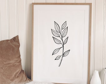 Minimalist Botanical print, Minimal wall art, Ink leaf drawings, Plant wall prints, Minimalist prints, Black and white, Botanical Line Art