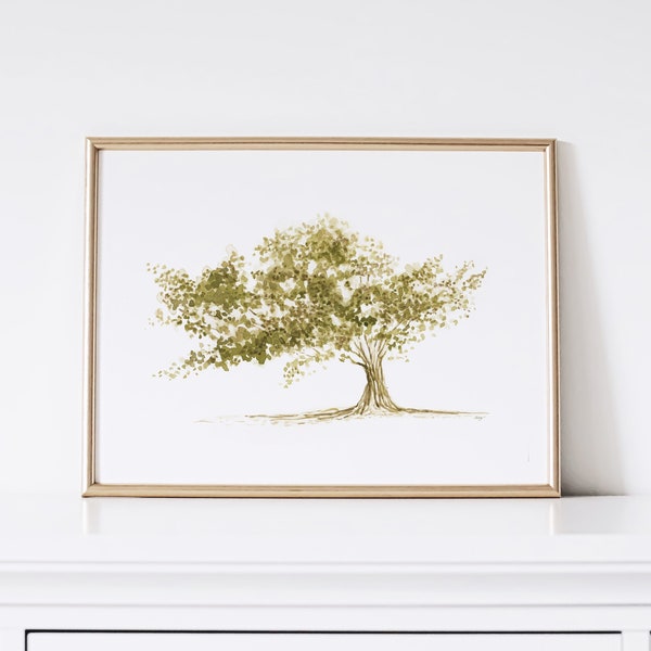 Summer Tree Print, Watercolour Tree Painting, Nature Printable Wall Art, Olive Green Wall Decor, Vintage Inspired Fine Art, Original Artist