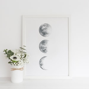 Moon Phases Print, Moon Watercolor Painting, Celestial wall decor, Printable Art, Grey Moon Poster, Moon Phase Wall Art, Lunar Phases Print