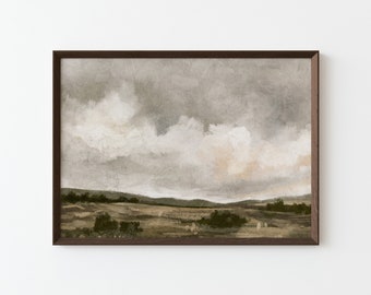 May include: A framed watercolor painting of a landscape with a cloudy sky and a field in the foreground. The sky is a light gray with white clouds, and the field is a light brown with green trees in the distance.