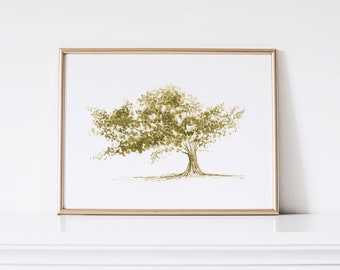 Summer Tree Print, Watercolour Tree Painting, Nature Printable Wall Art, Olive Green Wall Decor, Vintage Inspired Fine Art, Original Artist