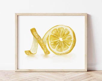 Lemon Print, Lemon Printable Art, Citrus Print, Fruit Poster, Kitchen Wall Art, Bar wall decor, Lemon Peel Watercolour Painting