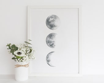 Moon Phases Print, Moon Watercolor Painting, Celestial wall decor, Printable Art, Grey Moon Poster, Moon Phase Wall Art, Lunar Phases Print