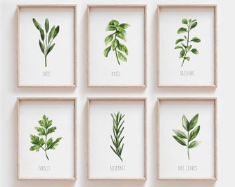 Set of 6 Watecolour Herb Prints, Kitchen decor, Kitchen Printable Art, Kitchen Wall Art, Kitchen Print Set, Gallery wall set, Farmhouse