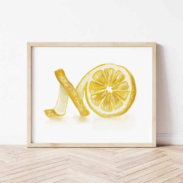 Lemon Print, Lemon Printable Art, Citrus Print, Fruit Poster, Kitchen Wall Art, Bar wall decor, Lemon Peel Watercolour Painting