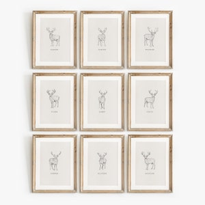 Set van 9 rendierenafdrukken, kerstdecor, neutrale afdrukbare galerij kunst aan de muur, rustieke winterposter vintage stijl schets vakantiedecoraties