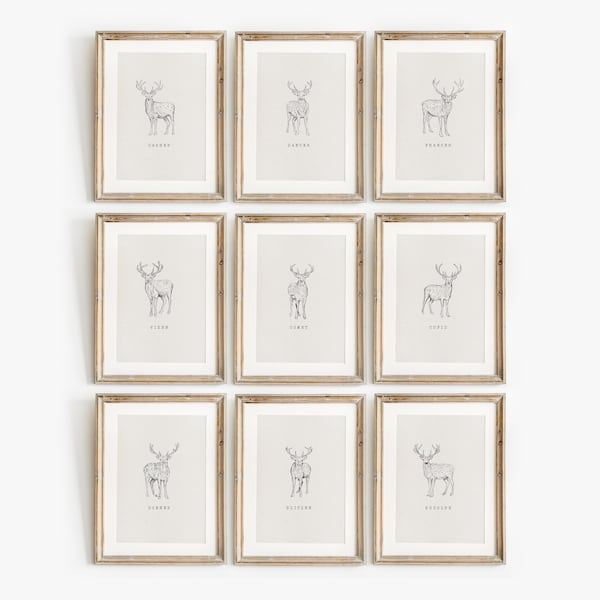 Set of 9 Reindeer Prints, Christmas Decor, Neutral Printable Gallery Wall Art, Rustic Winter Poster Vintage Style Sketch Holiday Decorations