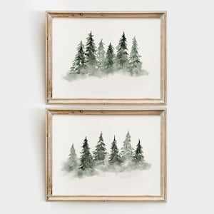 Conjunto de 2 impresiones navideñas, árboles de invierno, arte de pared imprimible navideño, decoración navideña, pintura de acuarela de paisaje de bosque de invierno nevado