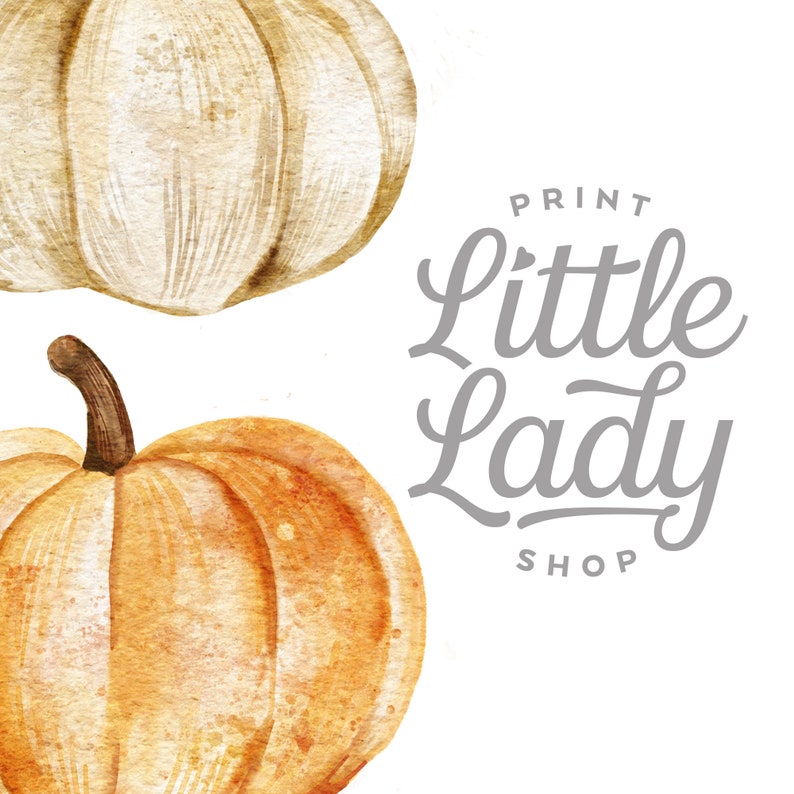 K&ouml;nnte beinhalten: Zwei Aquarellk&uuml;rbisse, einer wei&szlig; und einer orange, mit dem Text "PRINT little Lady SHOP" in Grau.