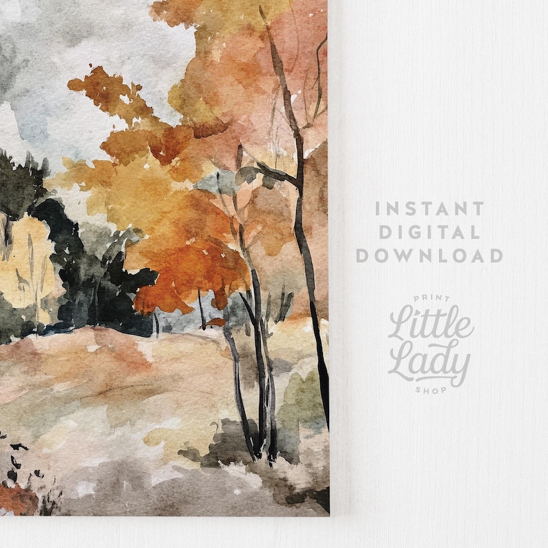May include: Watercolor painting of a landscape with trees in shades of orange, yellow, and brown. The artwork has a soft, blurred style. Text on the right side reads "INSTANT DIGITAL DOWNLOAD" and "Little Lady Shop."