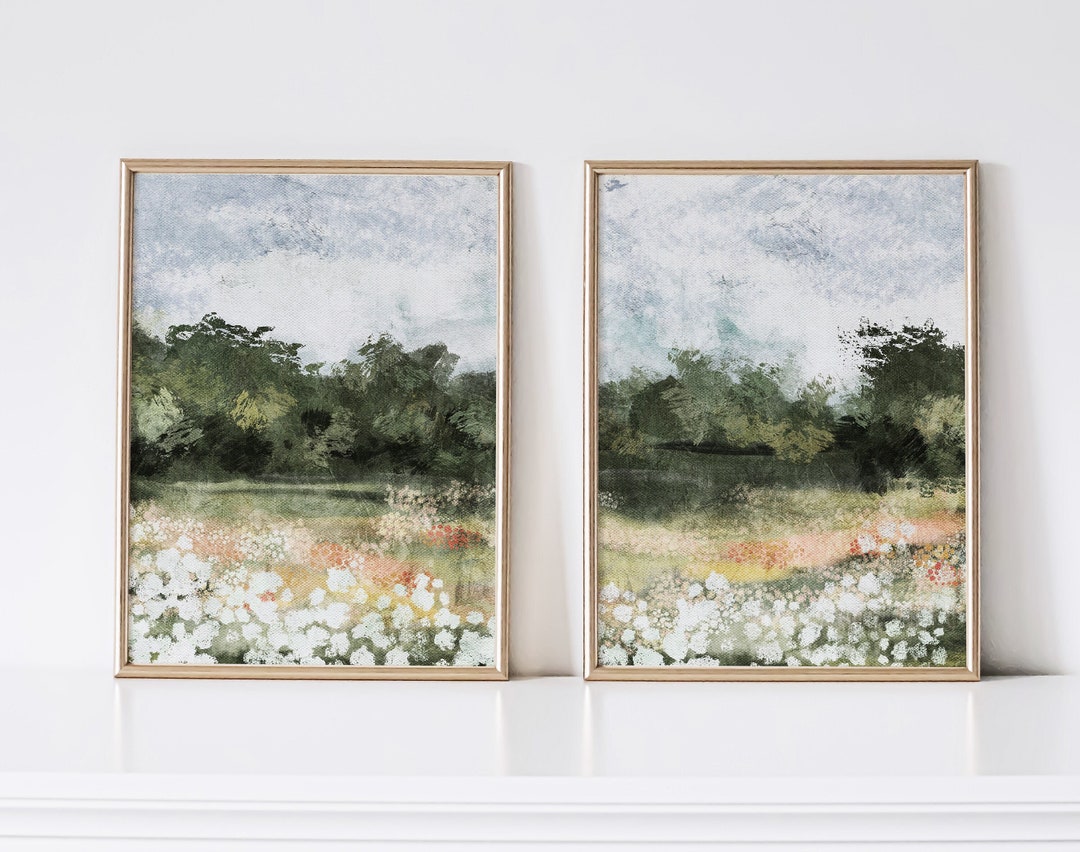 Set of 2 Country Landscape Prints, Colorful Summer Decor, Spring Flower ...