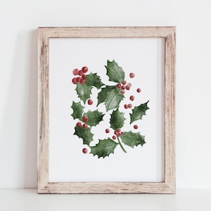 Holly Leaves Christmas Printable Wall Art, Holly Leaves Christmas Print, Christmas Watercolour Painting, Vintage Style Christmas Decorations