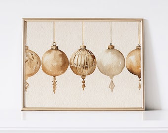 Vintage Christmas Print, Gold Ornament Printable Wall Art, Neutral Christmas Decor, Antique Beige Watercolor Painting | 2308