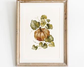 Pumpkin Painting Fall Decor Autumn Print, Printable Wall Art, Botanical Country Fall Wall Art, Hand Drawn Watercolour Pumpkin Vine Plant