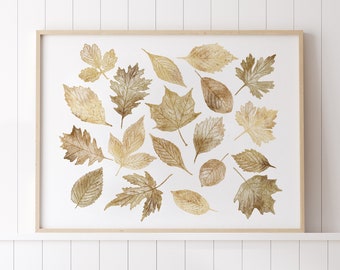 Neutral Fall Print, Printable Wall Art, Watercolour Fall Leaves Print, Gold Fall art, Fall decor, Autumn Print, Fall Sign, Fall painting
