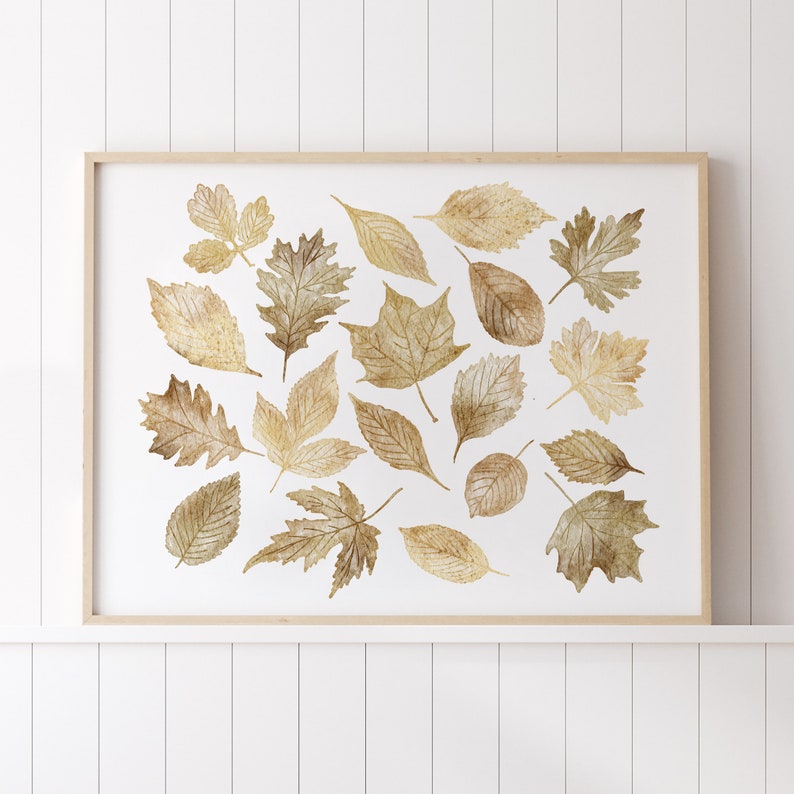 Neutral Fall Print, Printable Wall Art, Watercolour Fall Leaves Print, Gold Fall art, Fall decor, Autumn Print, Fall Sign, Fall painting image 1