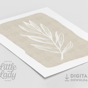 May include: A digital download of a printable art print featuring a white stylised branch with leaves on a beige background.