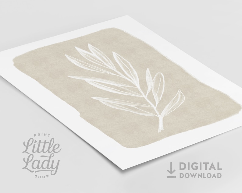 May include: A digital download of a printable art print featuring a white stylised branch with leaves on a beige background.