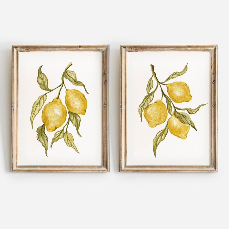 Pode incluir: Duas impress&otilde;es em aquarela emolduradas com galhos de lim&atilde;o com lim&otilde;es amarelos e folhas verdes. A obra de arte &eacute; definida em um fundo branco e emoldurada em molduras de madeira marrom claro r&uacute;sticas. As impress&otilde;es s&atilde;o um conjunto.