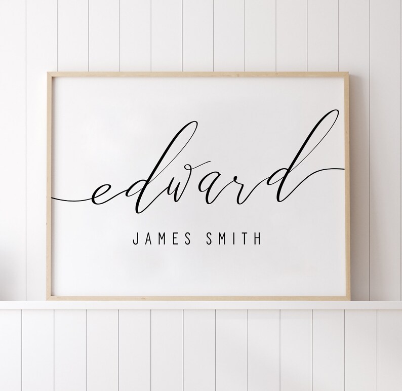 Op de afbeelding: Een ingelijst afdruk met de naam "Edward" geschreven in cursief schrift. Onder de naam staat de tekst "JAMES SMITH".