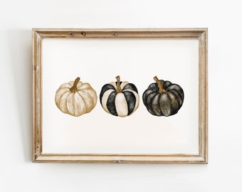 Black Beige Pumpkin Painting Halloween Decor, Printable Wall Art, Gothic Pumpkin Print, Autumn Poster, Hand Drawn Modern Fall Decor