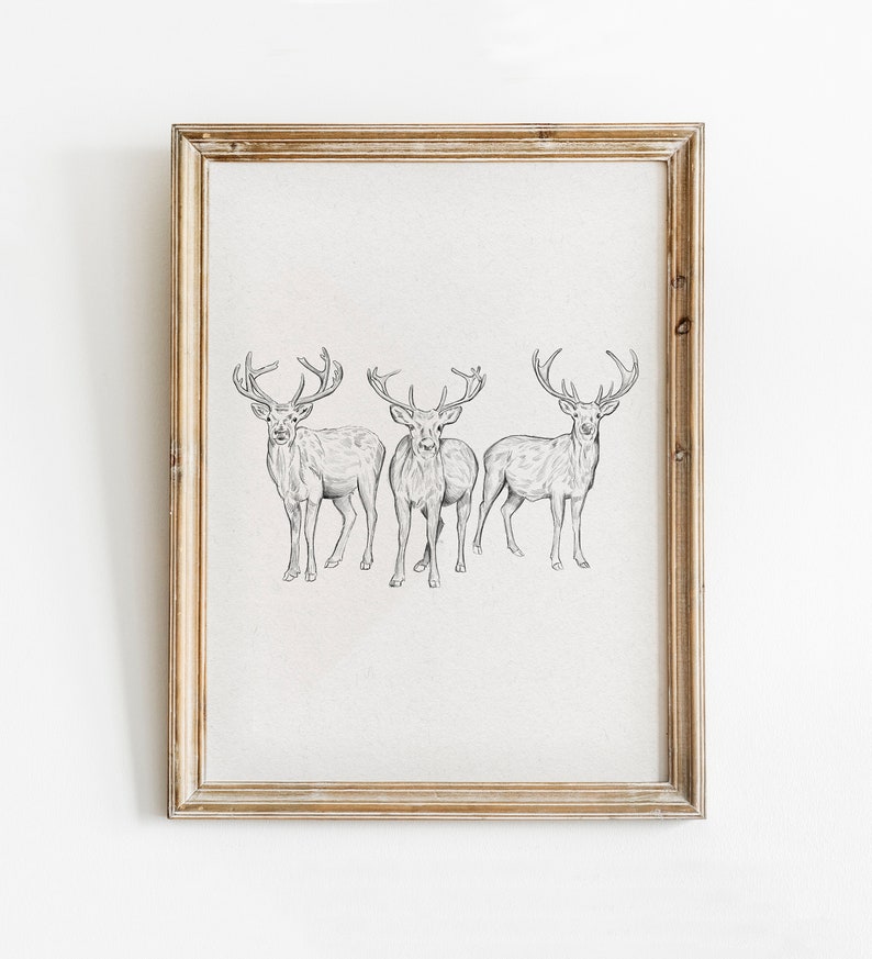 Reindeer Drawing Print Christmas Decor, Neutral Winter Printable Wall Art, Hand Drawn Deer Sketch Animal Poster, Vintage Style Holiday image 4