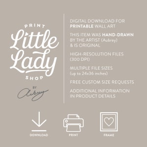 Puede incluir: Descarga digital para arte de pared imprimible. El texto "PRINT Little Lady SHOP BY Aubrey" est&aacute; en una fuente manuscrita. La imagen incluye iconos para descargar, imprimir y enmarcar.