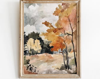 Fall Forest Print, Autumn Printable Wall Art Thanksgiving Decor, Cozy Cottagecore Style, Digital Download