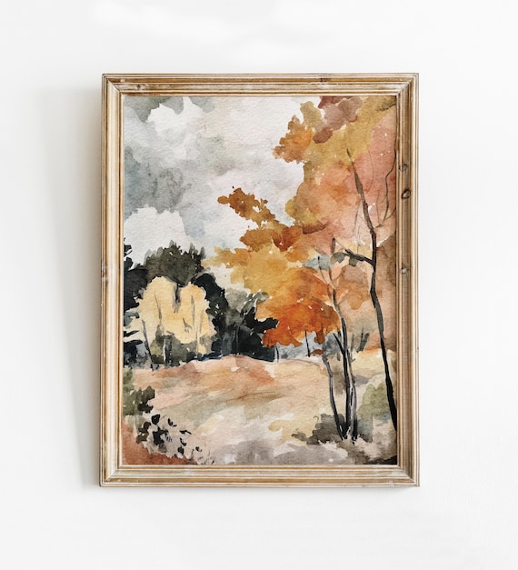Fall Forest Print, Autumn Printable Wall Art Thanksgiving Decor, Cozy Cottagecore Style, Digital Download