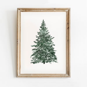 Christmas Tree Print, Christmas Printable Wall Art, Vintage Style Christmas Decorations, Snowy Tree Watercolour Painting, Winter Wall Art image 1