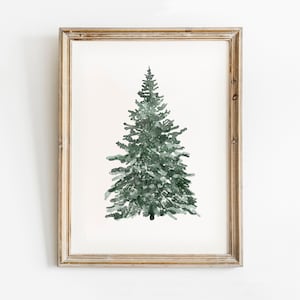Christmas Tree Print, Christmas Printable Wall Art, Vintage Style Christmas Decorations, Snowy Tree Watercolour Painting, Winter Wall Art