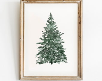 Kerstboom print, kerst afdrukbare muurkunst, vintage stijl kerstversiering, besneeuwde boom aquarel, winter kunst aan de muur