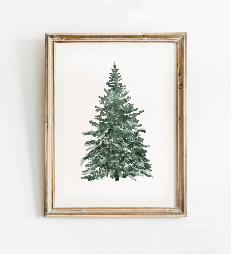 Christmas Tree Print, Christmas Printable Wall Art, Vintage Style Christmas Decorations, Snowy Tree Watercolour Painting, Winter Wall Art 