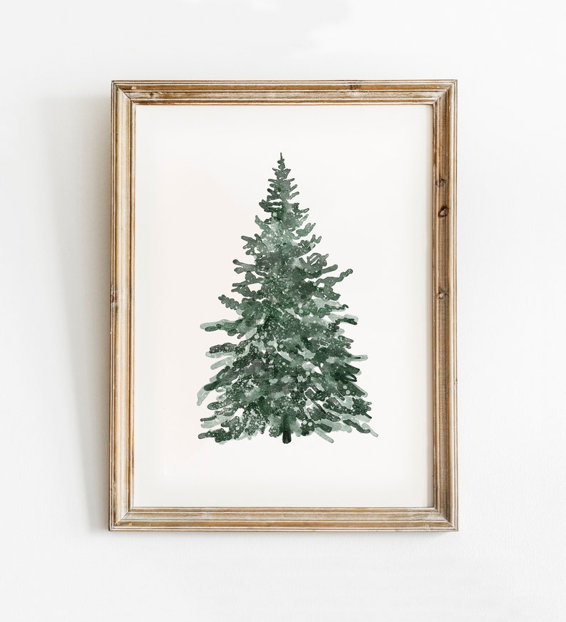 Christmas Tree Print, Christmas Printable Wall Art, Vintage Style Christmas Decorations, Snowy Tree Watercolour Painting, Winter Wall Art image 1