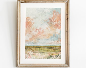 Spring Print, spring landscape Printable Art, landscape Print, Vintage Style decor, Cloudy Sky Wall Art, Summer Farmhouse Oil Painting