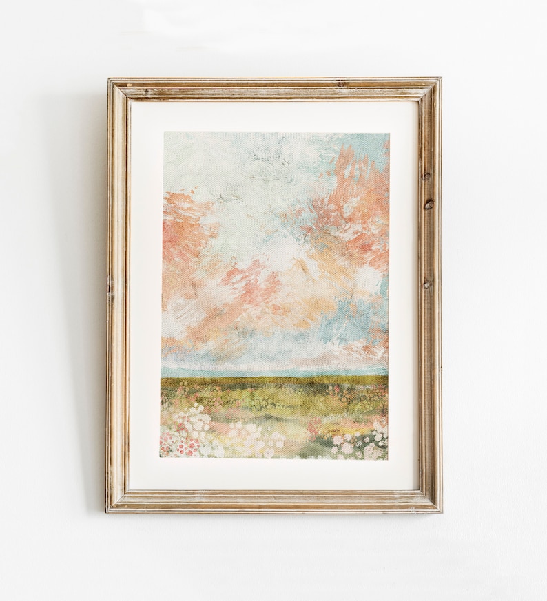 Spring Print, spring landscape Printable Art, landscape Print, Vintage Style decor, Cloudy Sky Wall Art, Summer Farmhouse Oil Painting image 1