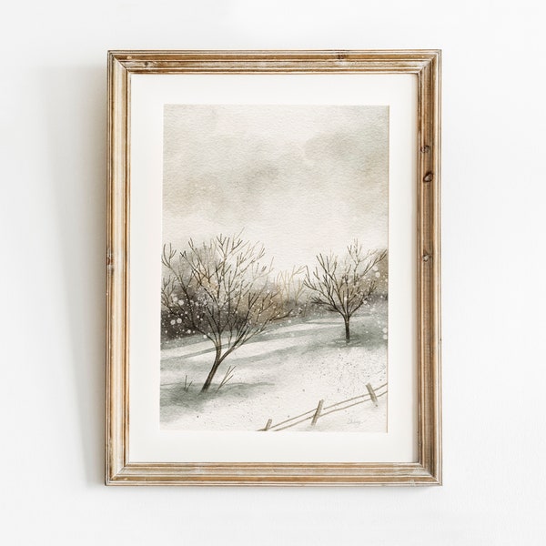 Winter Landscape Painting, Winter Printable Wall Art, Snowy Winter Print, Vintage Style Painting, Neutral Wall Art, Christmas Wall Decor