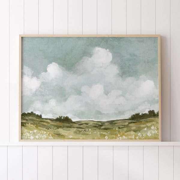 Country Spring Landscape Painting, Landscape Print, Printable Wall Art, Summer flower field, Vintage Inspired Artwork, Spring Wall Decor