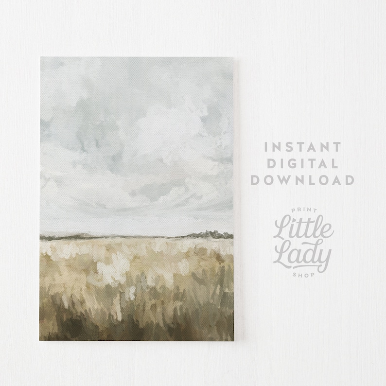 May include: A digital print of a watercolor painting depicting a field of tall grass under a cloudy sky. The colors are muted and earthy, with shades of brown, beige, and gray.