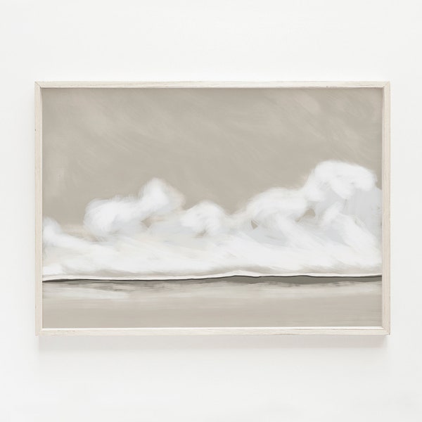 Beige Landschaftsdruck, Stranddruck, druckbare Kunst, Neutraler Landschaftsdruck, minimalistische Landschaft, Wolkenhimmelmalerei, Neutrale Wandkunst