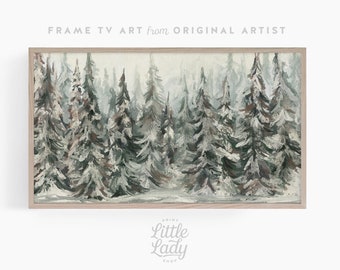 Christmas Winter Trees Frame TV Art, Vintage Style Winter Trees Painting digital download Tv image