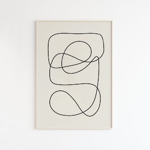 Può includere: Una stampa di arte astratta in bianco e nero con un design semplice di curve e cerchi sovrapposti. La stampa è su uno sfondo beige.